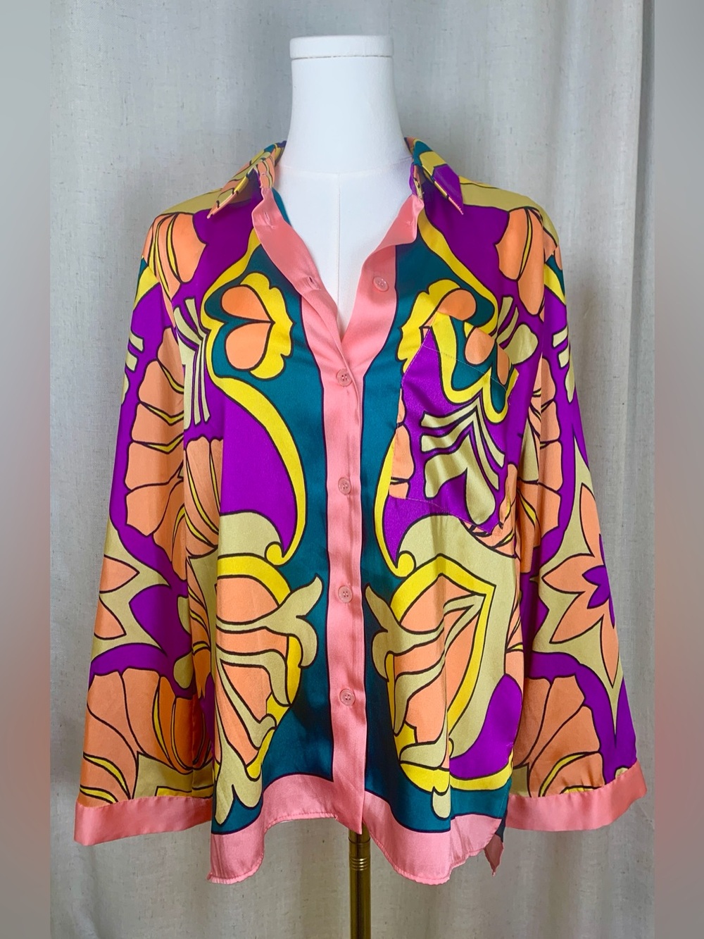 Zara Multicolor Floral Button-Down Shirt - Pink, Purple, Yellow, Teal